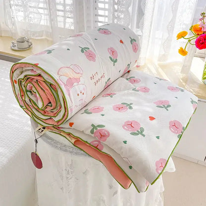 Cream teddy bear double layered soya fibre quilt with playful pink peach pattern and cartoon design for bedroom comforter
