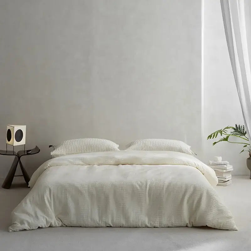 Cream textured cotton foam yarn bedding set with a subtle ribbed pattern for bedroom comfort and style
