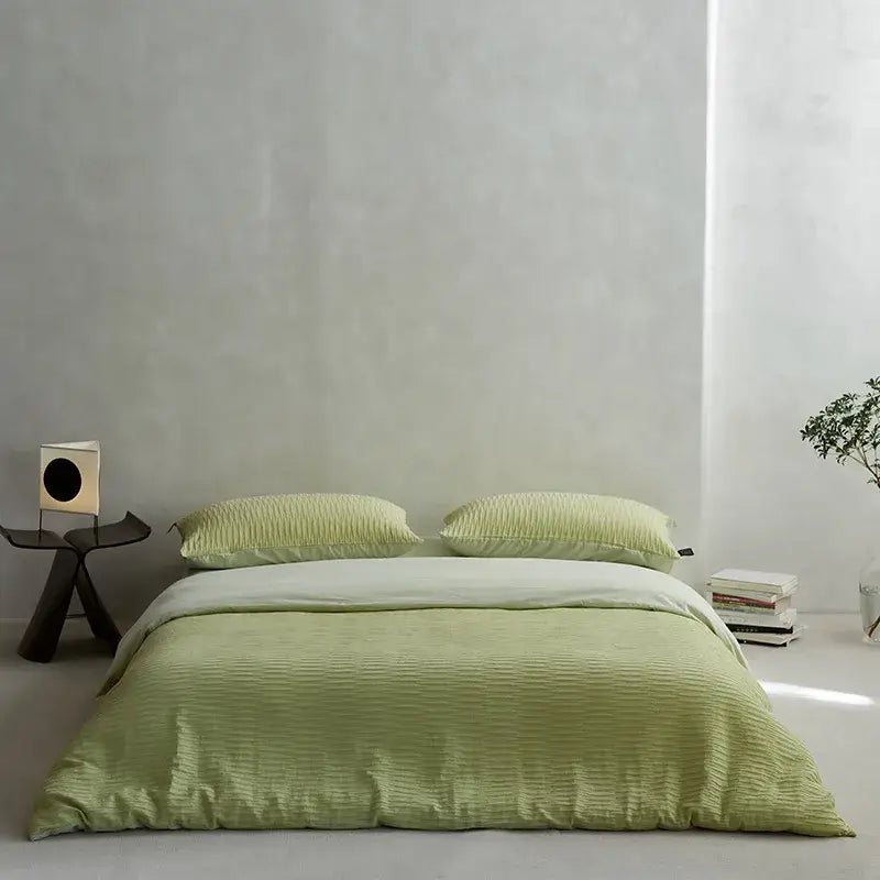 Soft light green ribbed duvet bedding set made of cotton foam yarn perfect for a textured foam yarn bedding bedroom look