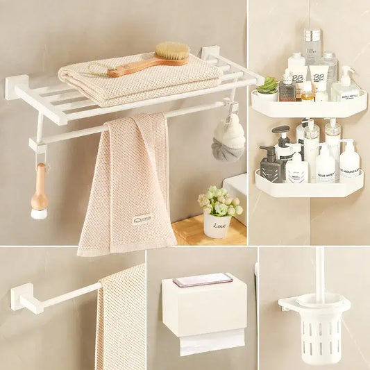 Cream white plastic bathroom set with towel rack storage shelf and hanging hooks for organized bathroom use