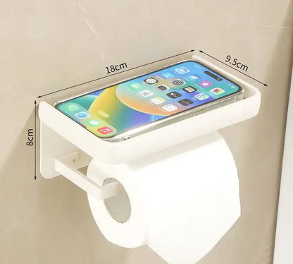 Cream white bathroom set featuring a white plastic toilet paper holder with integrated phone tray and towel rack