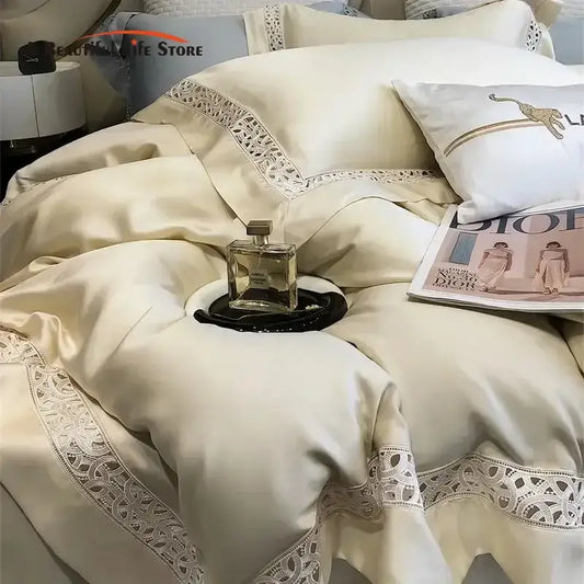 Cream satin bedding set with delicate white lace trim made from eucalyptus fiber for luxury soft decorbites eucalyptus fiber
