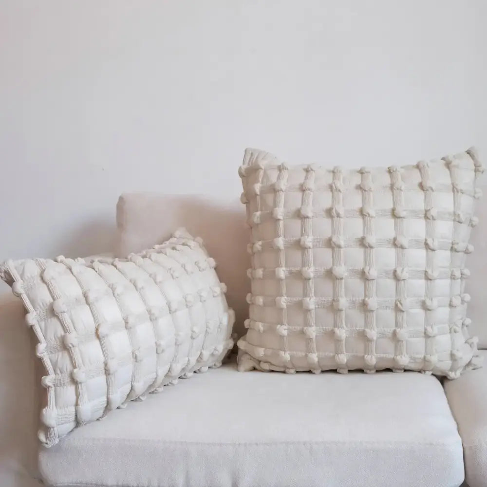 Cream white plaid 3d bubble cushion cover with cream-colored textured woven pom-pom pattern for living room decorbites cream white