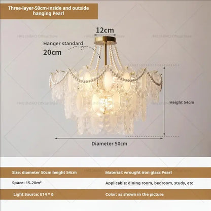 Cream wind crystal three-layer hanging pearl chandelier with brass wrought iron frame for living room decorbites cream wind