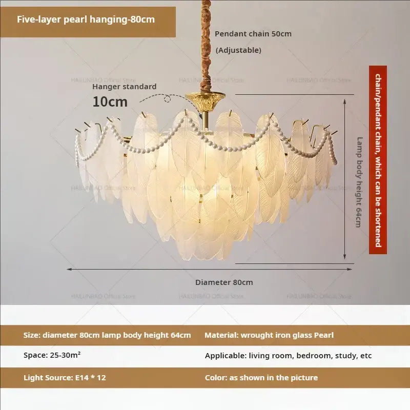 Elegant five-layer cream wind feather pearl crystal chandelier with translucent glass shades and golden wrought iron frame