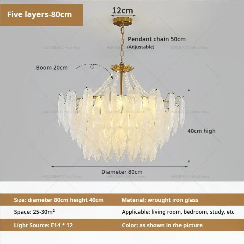 Elegant eight-layer cream wind feather pearl crystal chandelier with translucent glass shades and gold-toned frame for living room decorbites cream wind