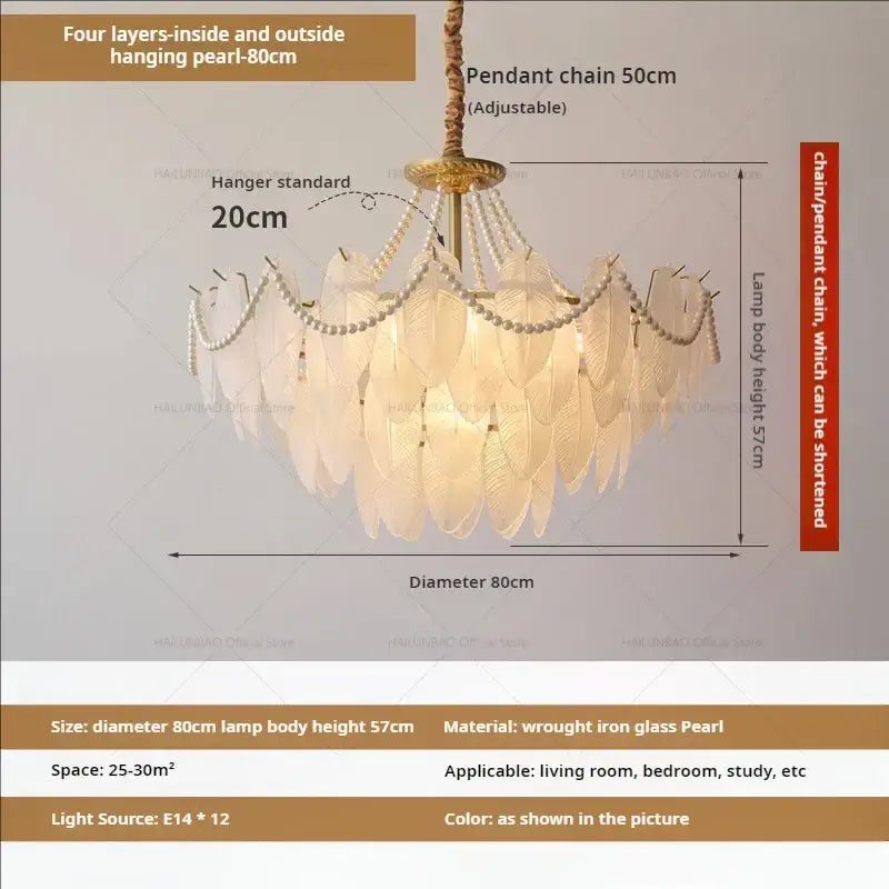 An elegant cream wind feather pearl crystal chandelier with four cascading leaf glass layers for living room decorbites cream wind