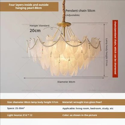 An elegant cream wind feather pearl crystal chandelier with four cascading leaf glass layers for living room decorbites cream wind