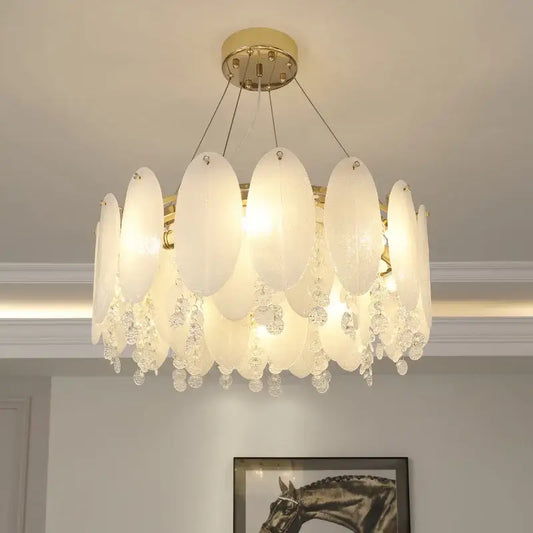 Elegant cream wind led chandelier featuring white opal glass with gold-toned accents and crystal droplets for bedroom decorbites cream wind