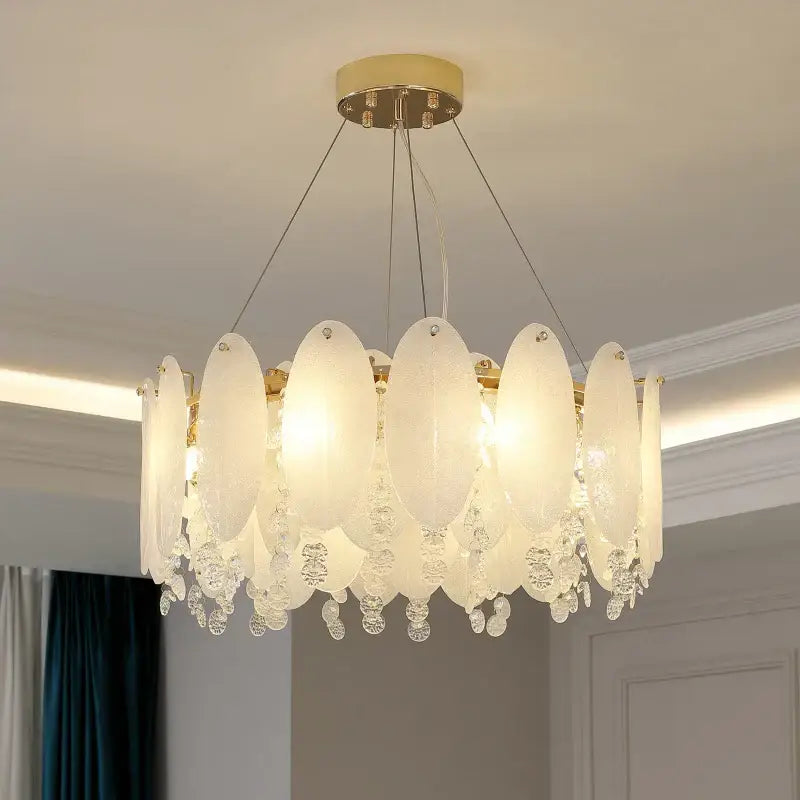 Cream wind led chandelier with white opal glass frosted shades and crystal droplets for bedroom decor by decorbites cream wind