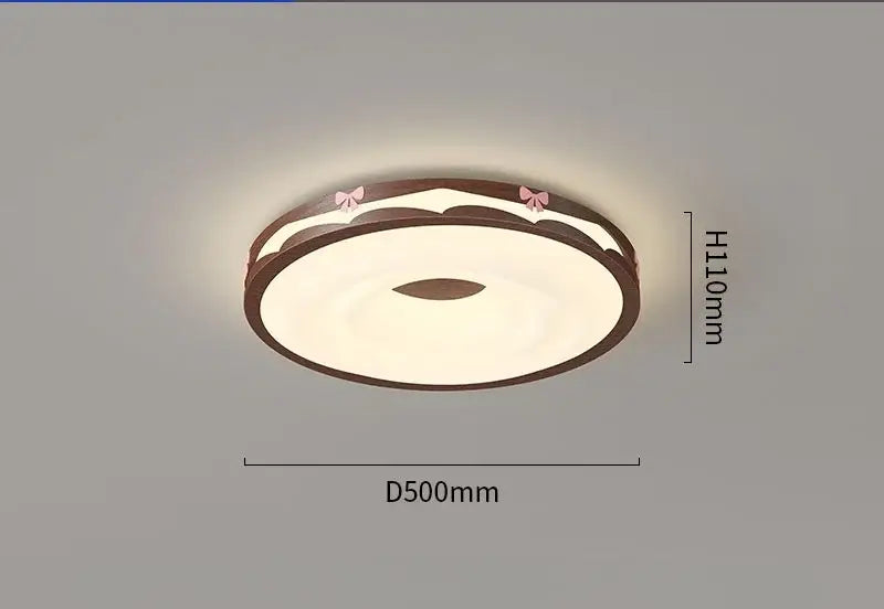 Circular cream wind walnut round bedroom light with warm white panel dark brown frame and pink bows by decorbites cream wind