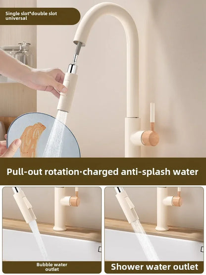 Cream-colored all copper pull-out kitchen faucet with wooden handle and rotating spray head for versatile water flow stainless steel accents