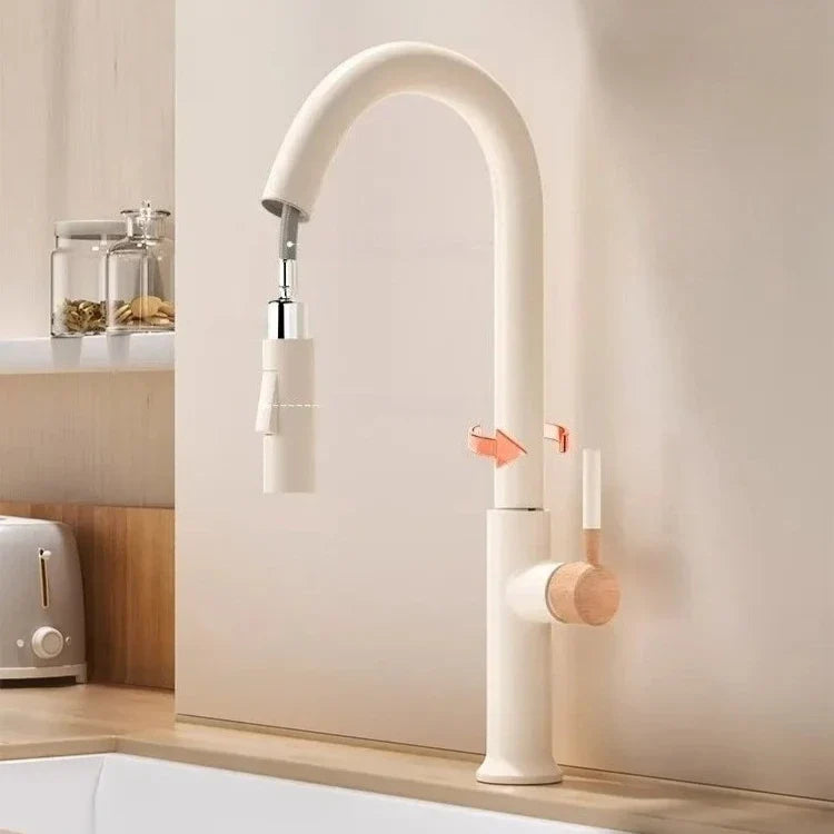Modern white stainless steel kitchen faucet with cream wooden handles rose gold accents retractable pull-out spout