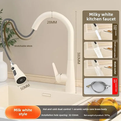 Milky white cream wooden handle all copper kitchen faucet with stainless steel extendable 60cm pull-out hose and spray function