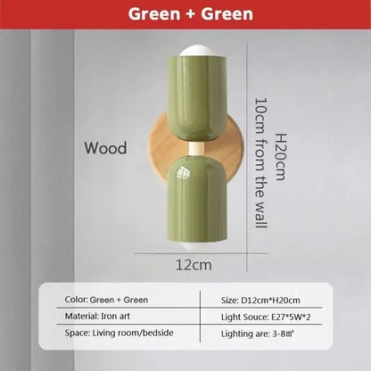 Modern green double-armed wall lamp with wooden base and iron art finish decorbites cream zipper nordic style