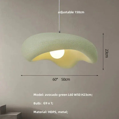 Creamy style pendant light with soft avocado green cloud shape, textured hdps material, and metal hardware for dining room decor