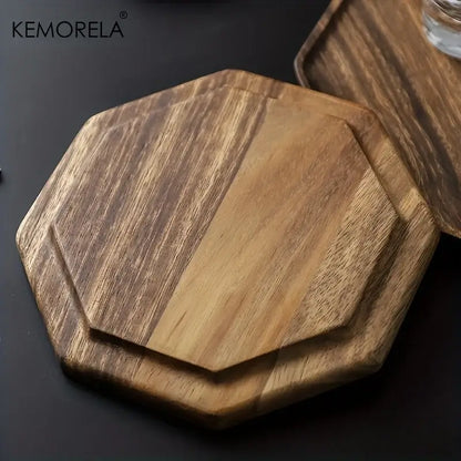 Hexagonal creative acacia wood plate with natural wood grain and two-toned light and dark brown finish by decorbites creative acacia