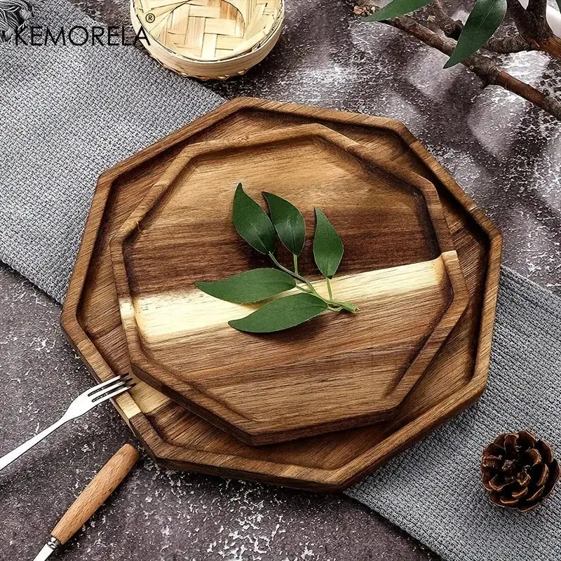 Set of three octagonal acacia wood plate trays with natural and walnut finish on textured gray cloth decorbites creative acacia