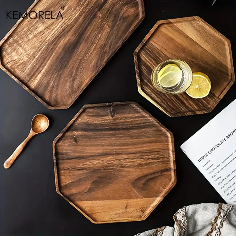 Set of three hexagonal creative acacia wood plate trays in natural and walnut tones with smooth finish by decorbites creative acacia