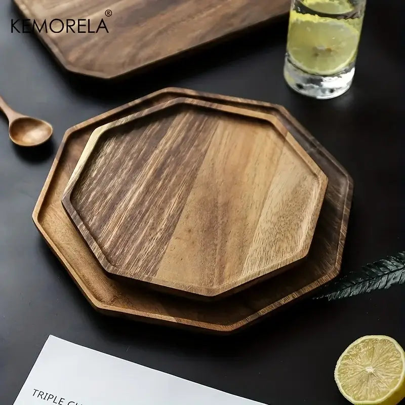 Set of two octagonal creative acacia wood serving trays with natural and walnut tones for dining room decorbites decor