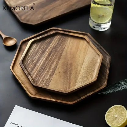 Set of two octagonal creative acacia wood serving trays with natural and walnut tones for dining room decorbites decor