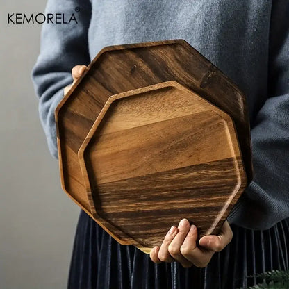Two octagonal creative acacia wood serving trays in natural and walnut finishes for dining room decorbites creative acacia