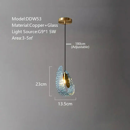A modern decorbites blue glass pendant light with textured teardrop shade copper accents and adjustable 180cm length