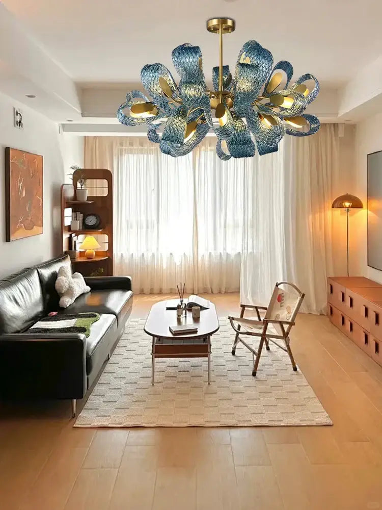 Creative blue and gold glass pendant light with floral metallic finish for bedroom decorbites blue glass luxury chandelier