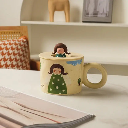 Cream-colored decorbites creative ceramic coffee mug with cartoon girl and matching miniature figurine on lid kitchen decor
