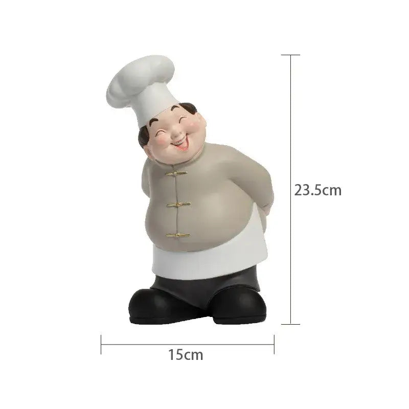 Chubby chef wine rack sculpture featuring a white toque, beige apron, black pants, and gold buttons for creative chef wine decor