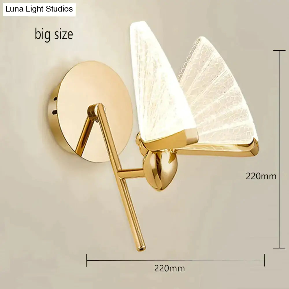 Gold-finished creative colorful butterfly led wall lamp with two translucent fan-shaped glass shades for bedroom use