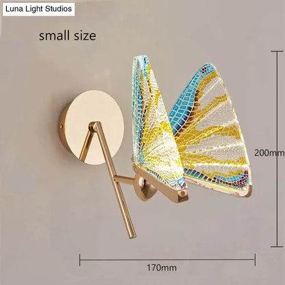 Small gold-finished creative colorful butterfly led wall lamp with mosaic yellow blue white wings for bedroom use