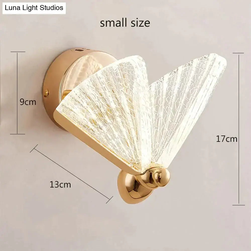 Gold-finished creative colorful butterfly led wall sconce with fan-shaped crackled glass diffuser for bedroom use