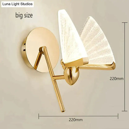 Gold-finished wall sconce with two translucent fan-shaped glass shades colorful butterfly led bedroom lamp