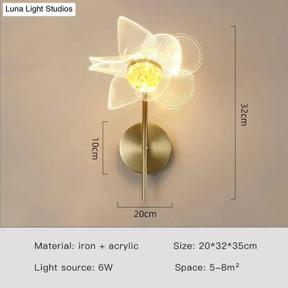 Delicate translucent flower-shaped wall sconce with brass stem featuring creative floral decorative gold led design