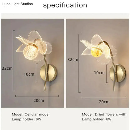 Delicate floral decorative gold led wall lamp with translucent petal design and crystal globe bulb for bedroom use
