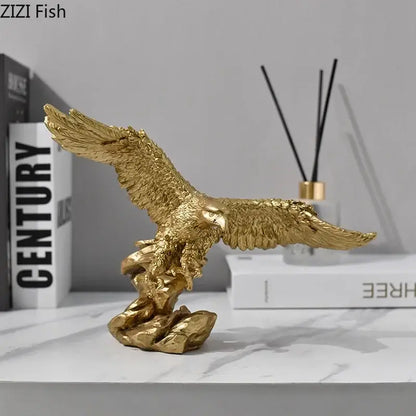 Creative golden flying eagle resin desk decoration featuring detailed feather texture on a rocky base sculpture