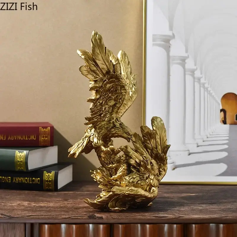 Golden intricately detailed phoenix figurine with spread wings resin desk decoration decorbites flying eagle sculpture