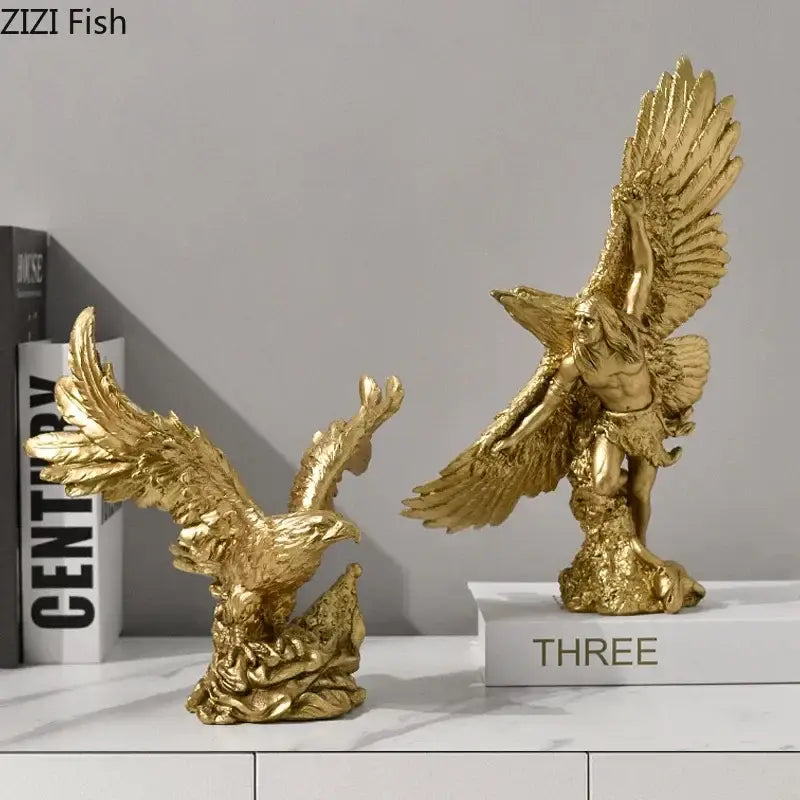 Creative golden flying eagle resin desk decoration featuring detailed feather textures and a muscular winged figure