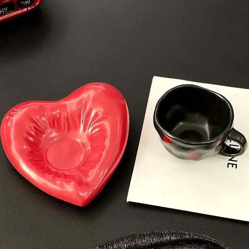 Vibrant red heart porcelain coffee saucer with glossy finish and sunburst pattern from decorbites creative heart set