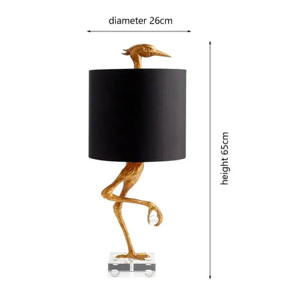 Golden bird-shaped decorbites creative ostrich table lamp with black cylindrical shade and clear acrylic base for bedroom decor