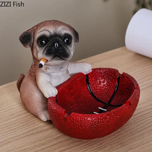 A charming tan and black basketball puppy ashtray featuring a pug figurine holding a cigarette beside a textured red basketball decorbites basketball puppy