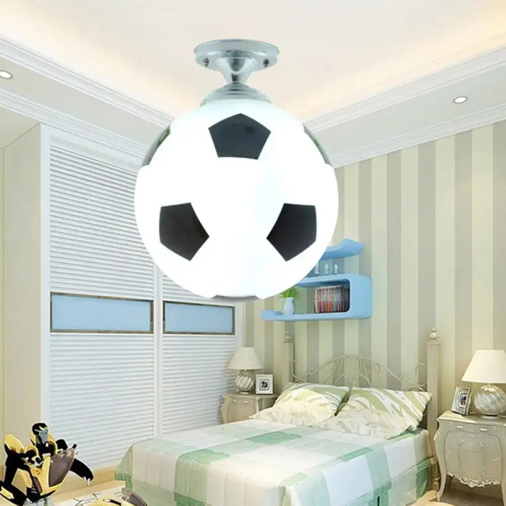 Decorbites™ fun football flushmount ceiling light with white and black soccer ball design and silver base for kid’s room