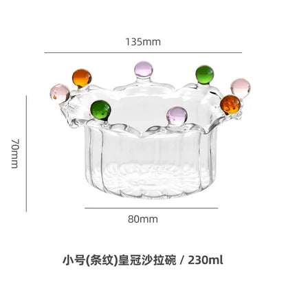 Crown clear glass fruit bowl with crown-shaped rim adorned with colorful pink green and orange decorbites beads