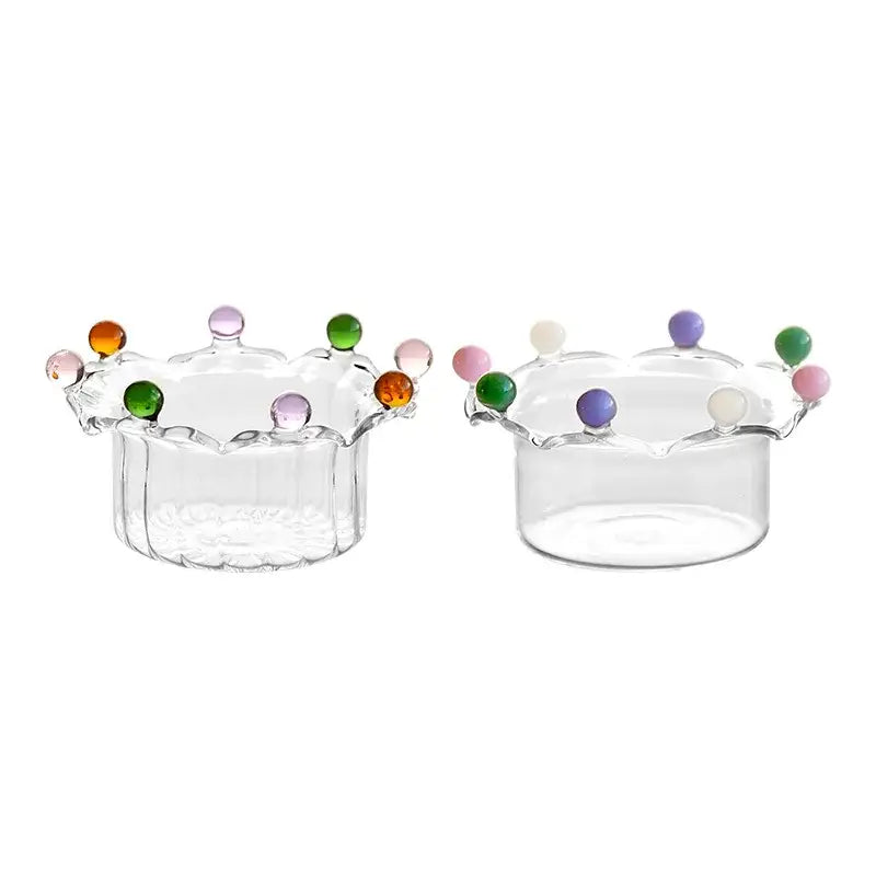 Clear glass fruit bowl crown shaped with colorful beads along the rim for elegant dining room decorbites clear glass