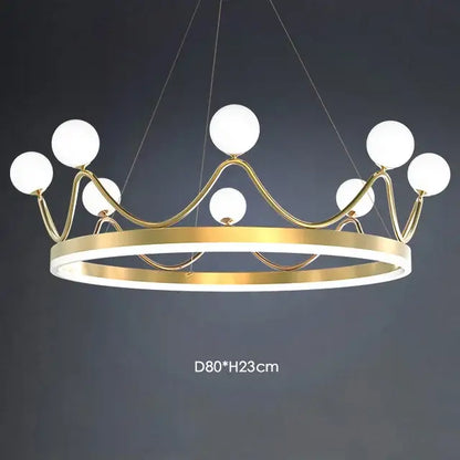 Gold-toned crown design chandelier with white spheres and glowing circular base for living room decorbites crown design
