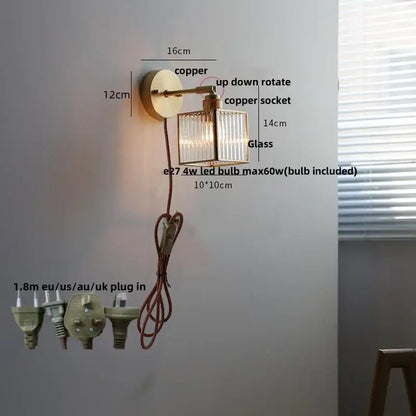 Copper wall sconce with a rectangular ridged glass shade and brass pull chain decorbites crown glass led wall light fixture