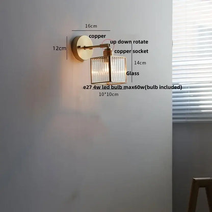 Copper decorbites crown glass led wall sconce with rectangular ridged glass shade and brass pull chain for bedroom lighting