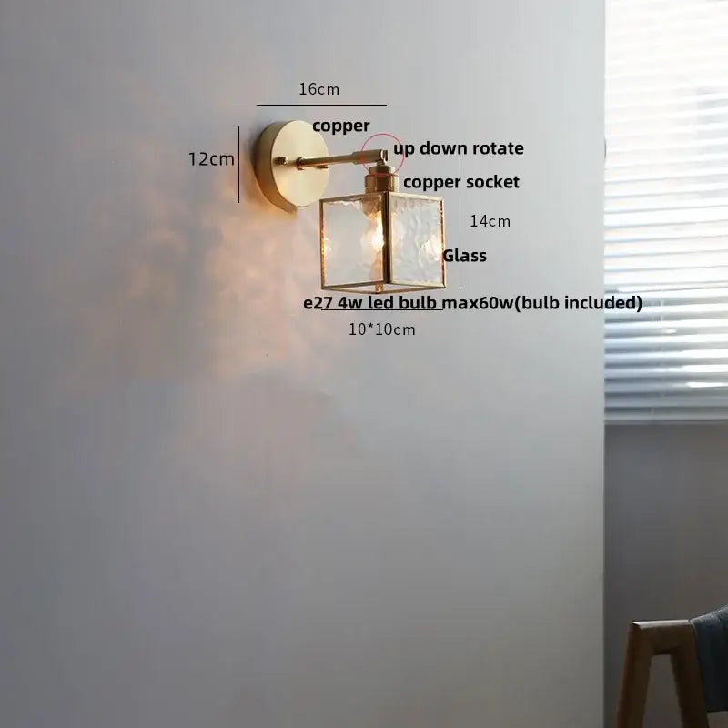 Copper-finished decorbites crown glass led wall light with square glass shade and adjustable up-down rotation for bedroom decor