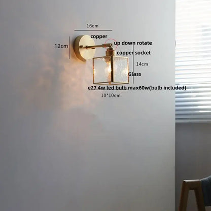 Copper-finished decorbites crown glass led wall light with square glass shade and adjustable up-down rotation for bedroom decor